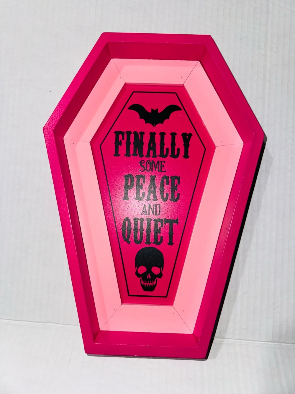 Halloween whimsical decor coffin finally some peace and quiet pink BNWT
